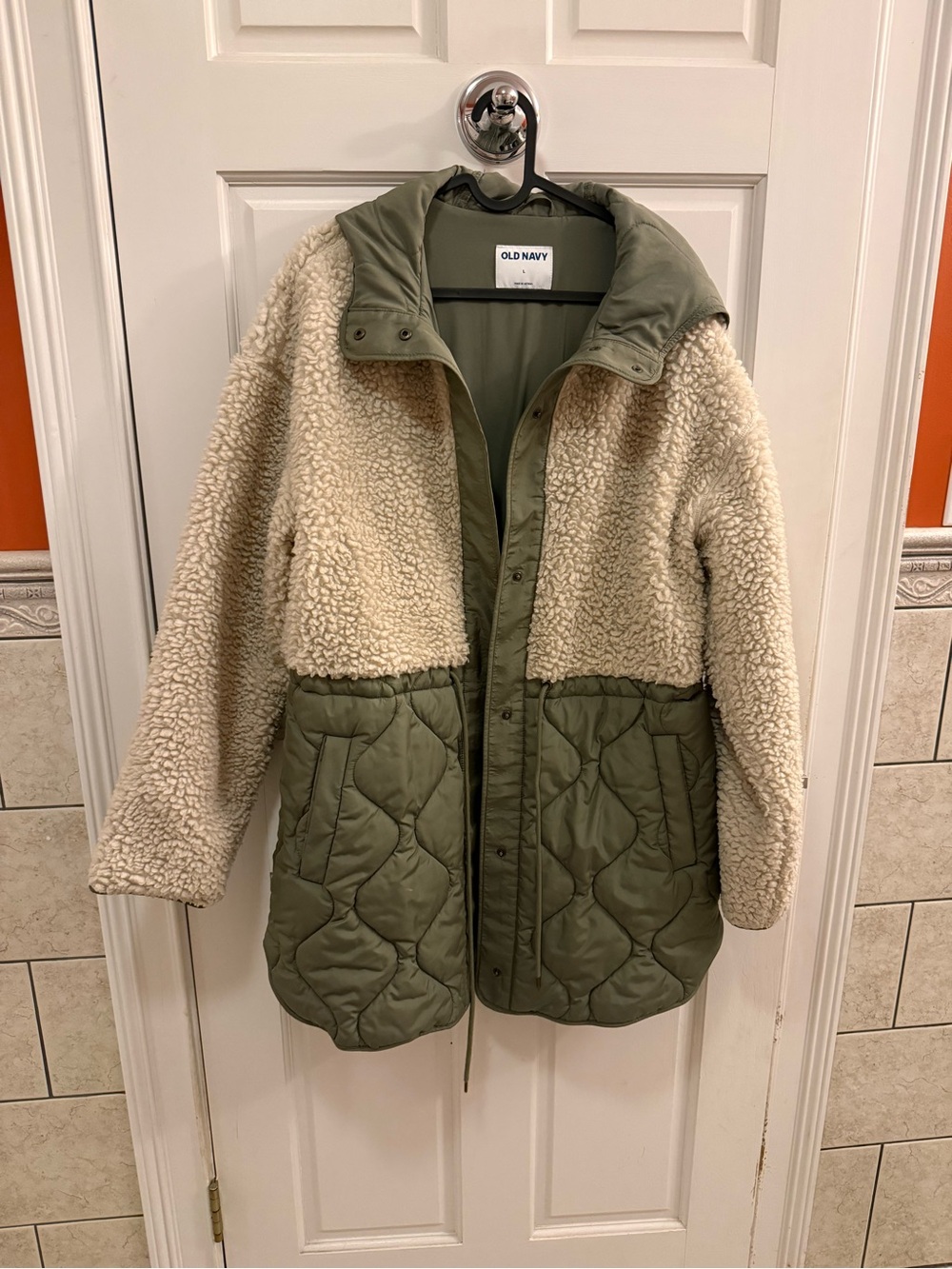 Old Navy Cream & Olive Colorblock Sherpa Quilted Coat